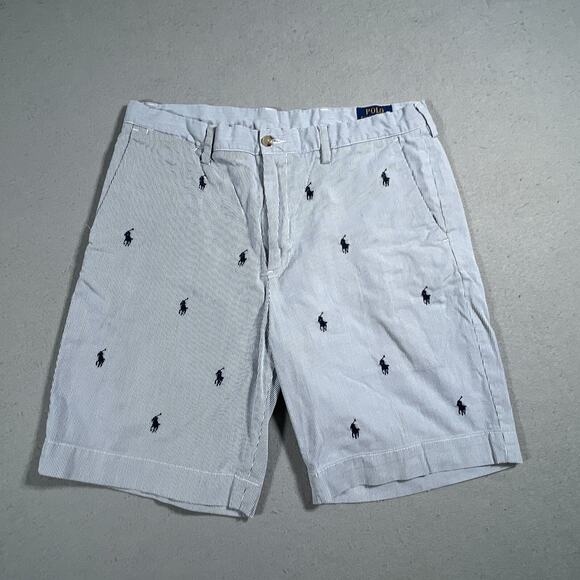 Polo Ralph Lauren‎ Shorts Men 32 Blue Pinstripe All-Over Pony Embroidered Preppy - Picture 1 of 12